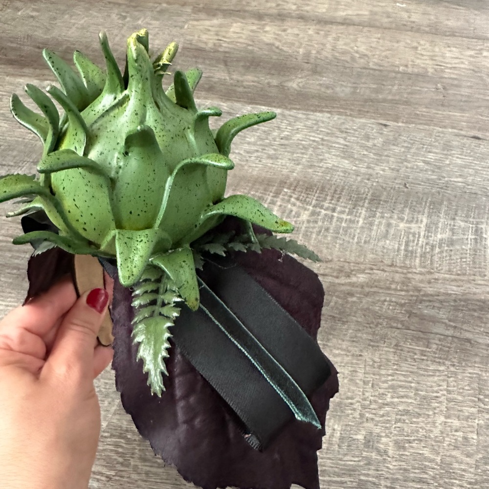 Handmade Designer Fascinator Headband Black Green Purple Thistle Artichoke Bow - Picture 13 of 16